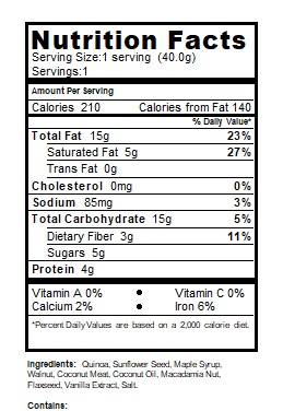 Nutrition Facts Grain Free Granola