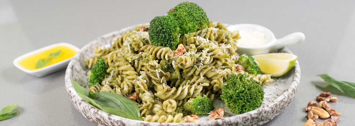 Arugula and Walnut Pesto Pasta with Broccoli