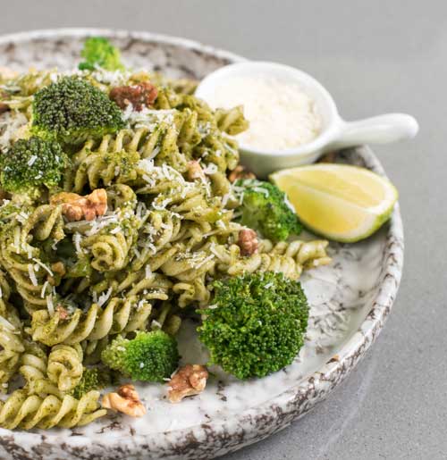 Arugula and Walnut Pesto Pasta with Broccoli